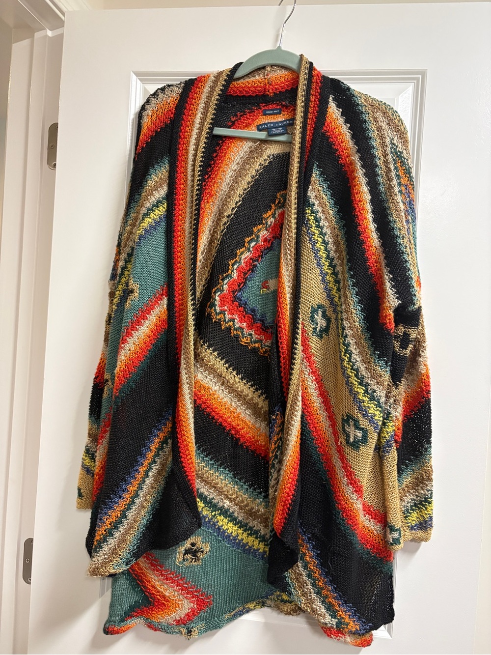 Hand Knit Striped Geometric Open-Front Women's Sweater Cardigan - Multi